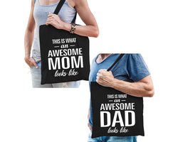 Awesome Mom en Awesome Dad tasje - Cadeau boodschappentasjes set voor Papa en Mama - Moederdag en Vaderdag cadeautje