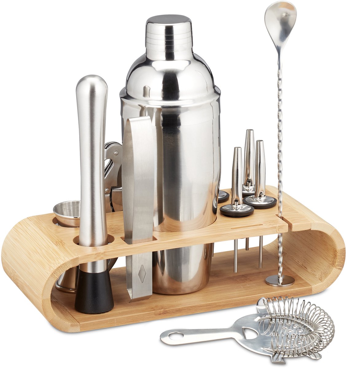 cocktail set - 11-delig - professioneel - shaker - barmaatje - zeef - rvs - zilver/natuur