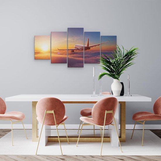 Pentaptyque Artaza - Peinture sur toile - Avion dans les nuages au coucher du soleil - 100x50 - Photo sur toile - Impression sur toile