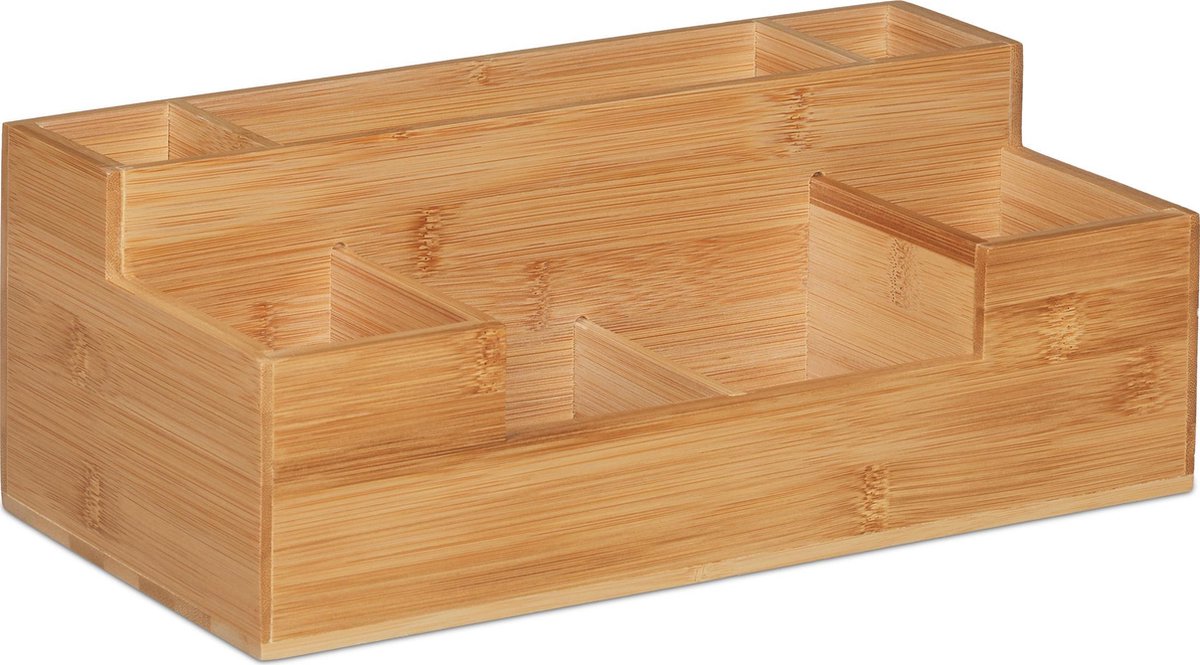 Relaxdays Organisateur Bureau Bambou 2 Tiroirs 7 Compartiments - Rangement Naturel Bureau Et Salle De Bain 15,5x33x20,5 Cm