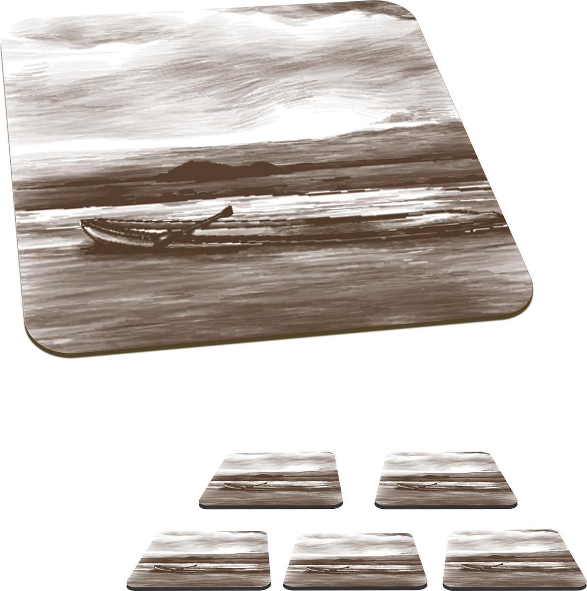 Onderzetters voor glazen - Boot - Zee - Zwart - Wit - 10x10 cm - Glasonderzetters - 6 stuks