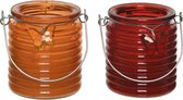 Set van 2x stuks citronella anti muggen kaarsen windlicht oranje en rood 20 branduren