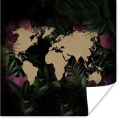 Muurdecoratie - Wereldkaart - Bruin - Bloemen - 50x50 cm - Poster