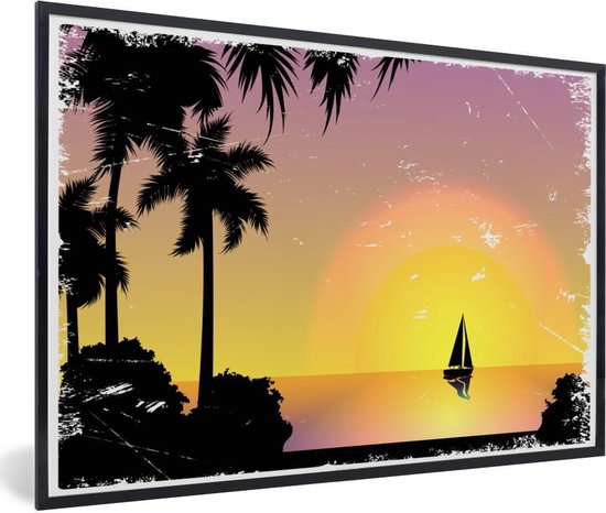 Affiche avec cadre Voilier - Palmier - Soleil - 90x60 cm