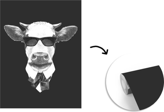 Papier peint - Papier peint photo Vache - Lunettes de soleil - Zwart - Wit - Largeur 190 cm x hauteur 260 cm