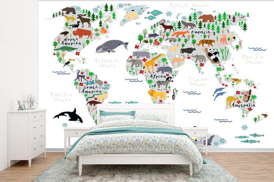 Papier peint - Papiers Papier peint photo Wereldkaart - Enfants - Animaux - Plantes - Largeur 375 cm x Hauteur 280 cm
