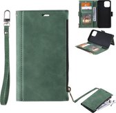 Side Zipper Back Card Horizontale Flip PU lederen tas met kaartsleuven & portemonnee & fotolijst & Lanyard voor iPhone 13 Pro (groen)