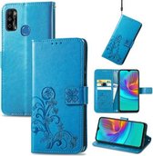 Voor Infinix X680/Smart 4 Vier-blad sluiting Reliëf Gesp Mobiele Telefoon Bescherming Lederen Case met Lanyard & Card Slot & Portemonnee & Beugel Functie (Blauw)