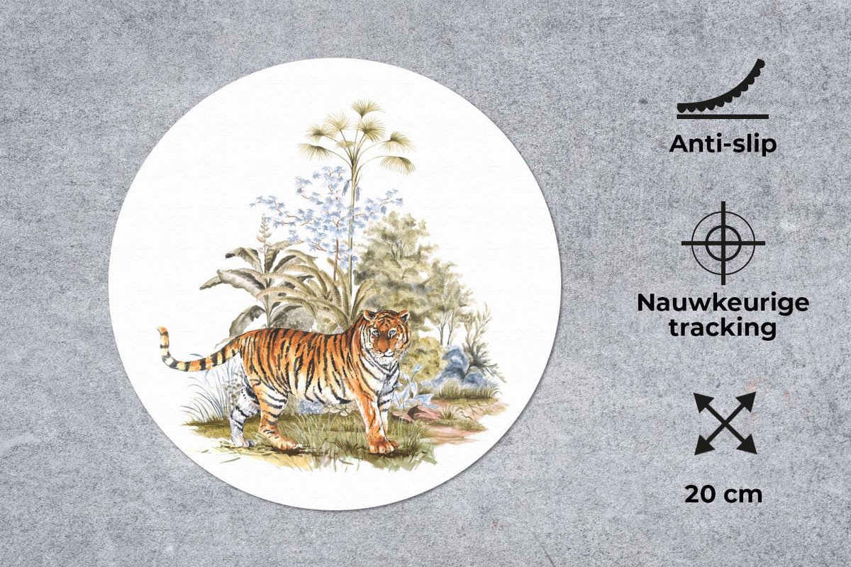 Muismat rond 20x20 cm - Mousepad Tijger - Schilderij - Planten - Ronde muismatten