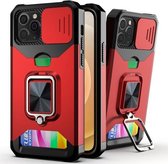 Sliding Camera Cover Design PC + TPU schokbestendig hoesje met ringhouder en kaartsleuf voor iPhone 11 Pro Max (rood)