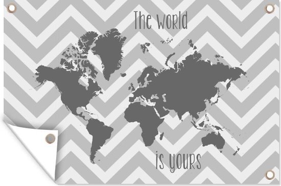 Tuindecoratie Een grijze wereldkaart met Engelse tekst - zwart wit - 60x40 cm - Tuinposter - Tuindoek - Buitenposter