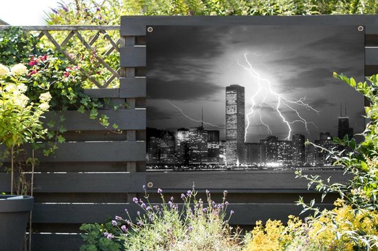 Affiche jardin - Toile Posters de jardin extérieur - Skyline de Chicago avec éclairs - noir et blanc - 120x90 cm - Jardin