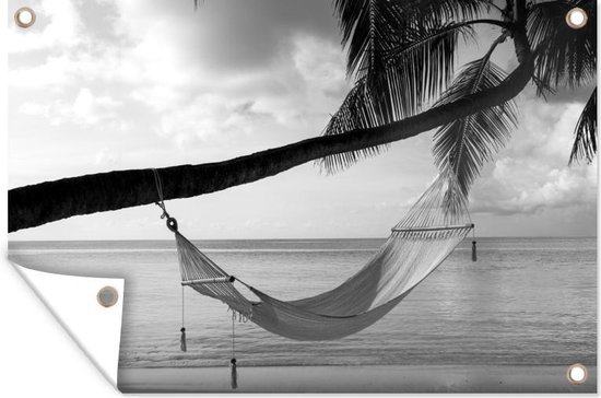 Hangmat vastgeknoopt aan een palmboom bij een strand - zwart wit