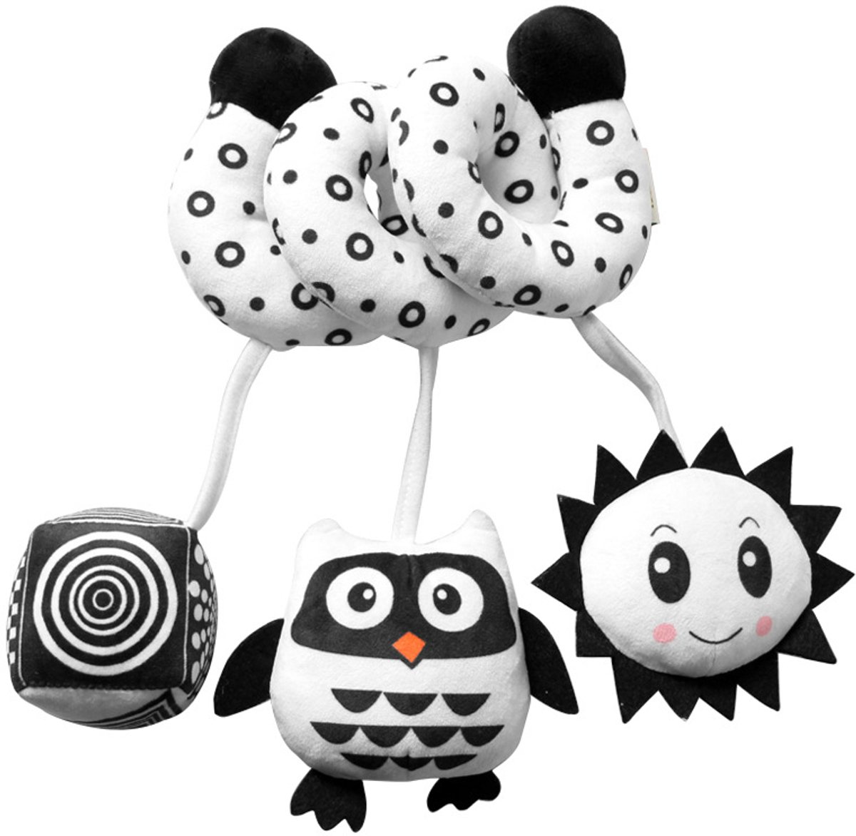 COOAU - Boxspiraal Baby Speelgoed - Pluchen Knuffel met Rammelaar voor Kinderwagen, Autostoel & Buggy - Sensorisch Speelgoed voor Baby's van 0-6 Maanden - Unisex - Zacht & Veilig - Zwart-witte uil