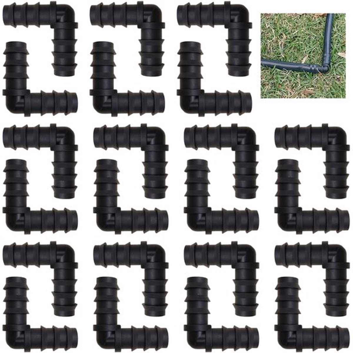 Irrigatieaansluitingen - 90° gebogen slangverbinder - 22 stuks - zwart - connectoren voor tuinslangen - geschikt voor 16 mm irrigatiesyst..