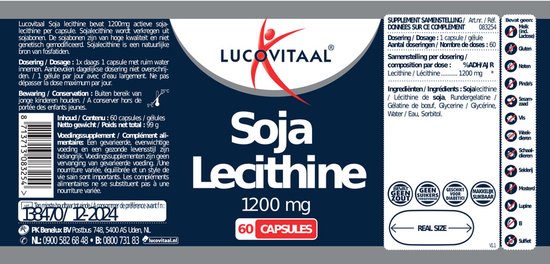 Rode capsulefles met zilveren dop. Zwart etiket met "Lucovitaal Soja Lecithine 1200 mg 60 CAPSULES", logo en informatie.