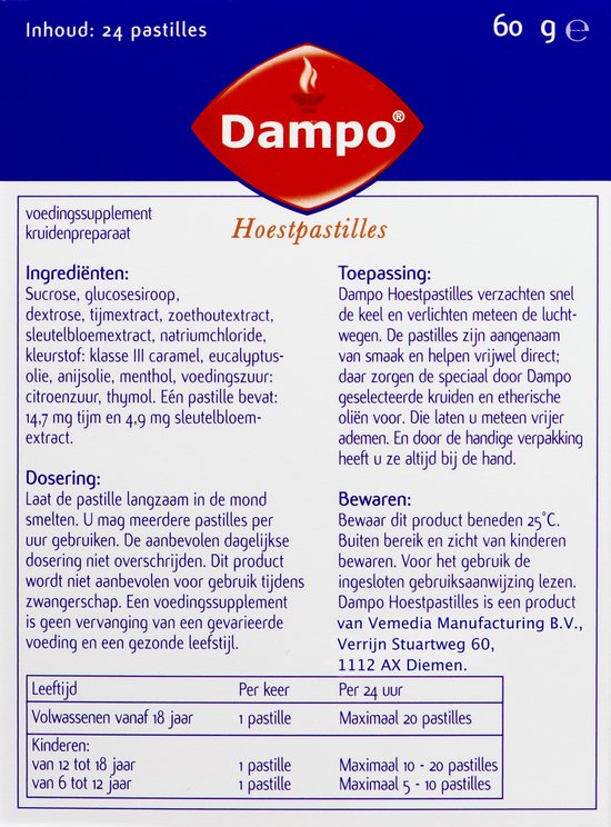 Dampo Hoest pastilles - Verzachten de keel en luchtwegen - Natuurlijke ingrediënten - Met Tijm smaak - Vanaf 6 jaar - 24 pastilles