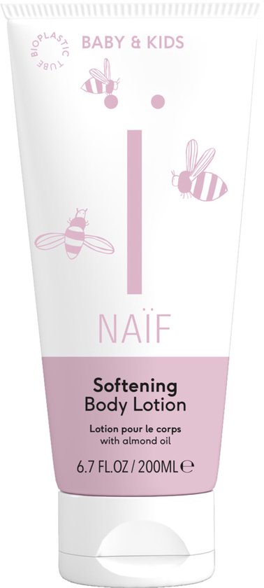 Witte tube Naïf Softening Body Lotion met roze accenten, bijtjes en tekst 'Lotion pour le corps avec almond oil'.
