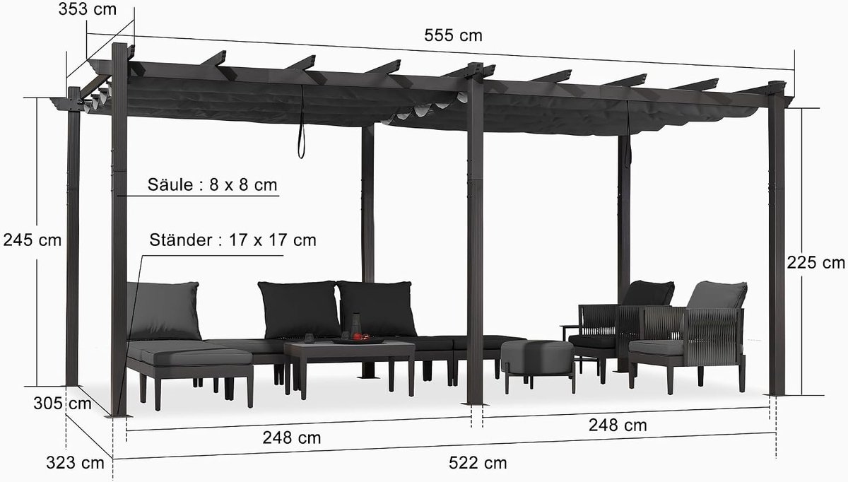 Purple Leaf Pergola avec toile coulissante 5,55 x 3,55 m - toile grise