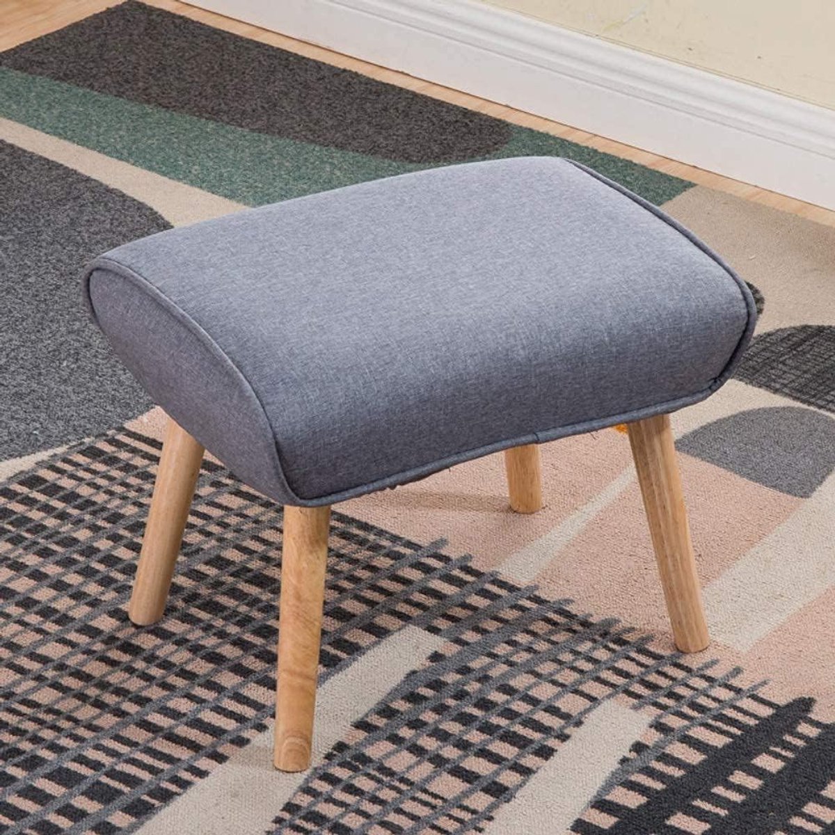 Voetenbank Massief Hout - Vierkante Poef - Extra Zitplaats - Antislip Voetjes - 50x39cm - Grijs