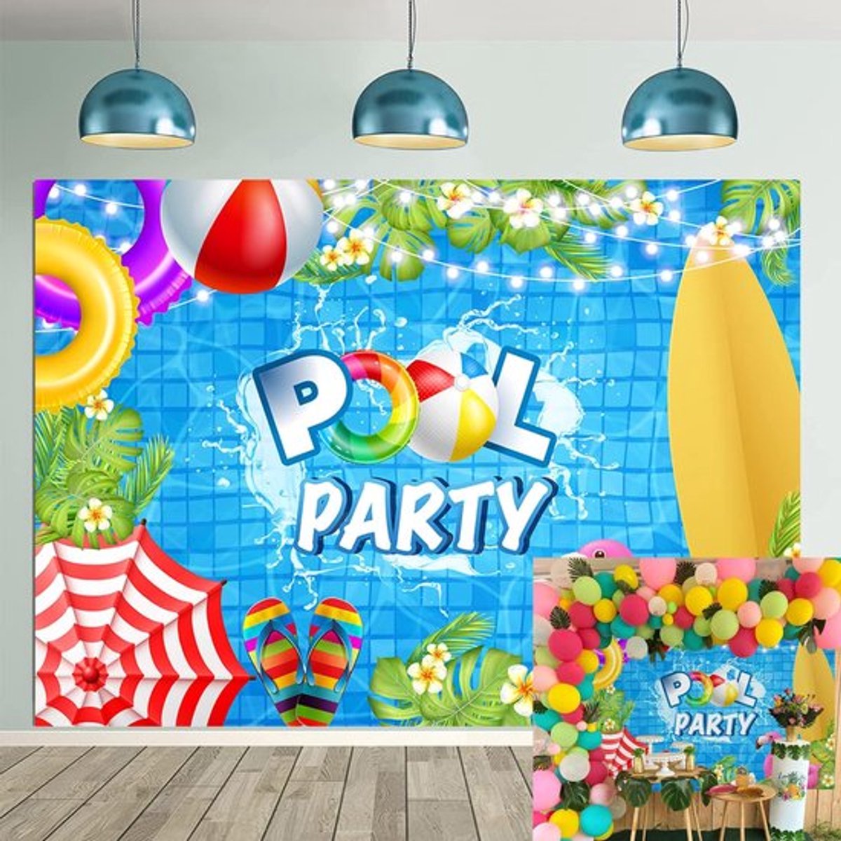 Zomer Zwembad Feest Achtergrond - Hawaiiaanse Strandbal - Surfplank - Tropische Palm - Bloem Fotografie Achtergrond - Baby Shower - Vakantie Fiesta - Aloha Party - Achtertuin Zwemmen - Tiki Decor Achtergrond (7X5FT)
