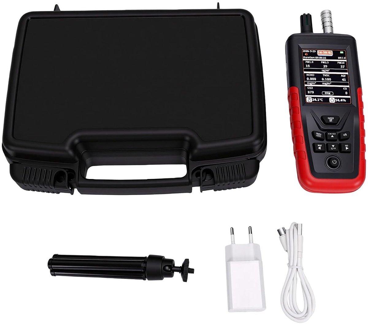 Luchtkwaliteitsmonitor - Lucht Analysator - Binnenlucht Meten - All-in-One Meting - 2200 mAh Batterij - Zwart