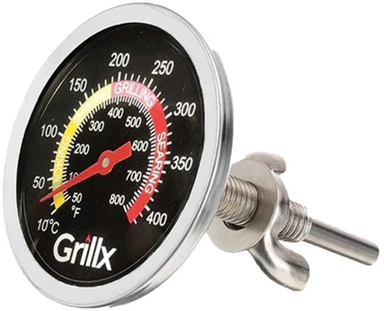 Grillx thermometer met zwarte wijzerplaat, rode wijzer, zilverkleurige rand en bevestigingsschroef.