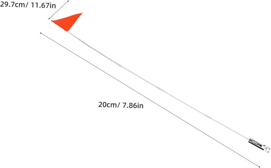 Fietsvlag met oranje driehoekige vlag en witte mast, voorzien van maataanduidingen 29,7 cm en 20 cm.