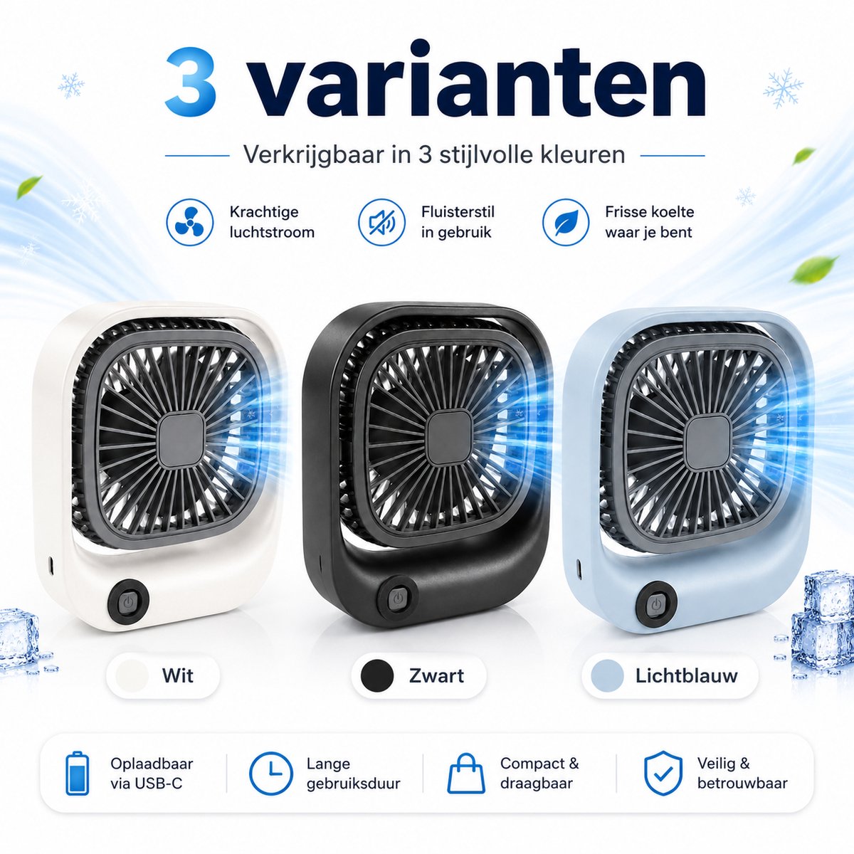 Draagbare Bureauventilator - Lichtgewicht USB-C Ventilator - Handventilator Oplaadbaar - Mini Tafel Ventilator - 3 Standen - Mini Desk Fan - Compacte Kleine Oplaadbare Ventilator - voor Auto, Kantoor & Onderweg - Handwaaier - Wit - Silvergear thumbnail 2