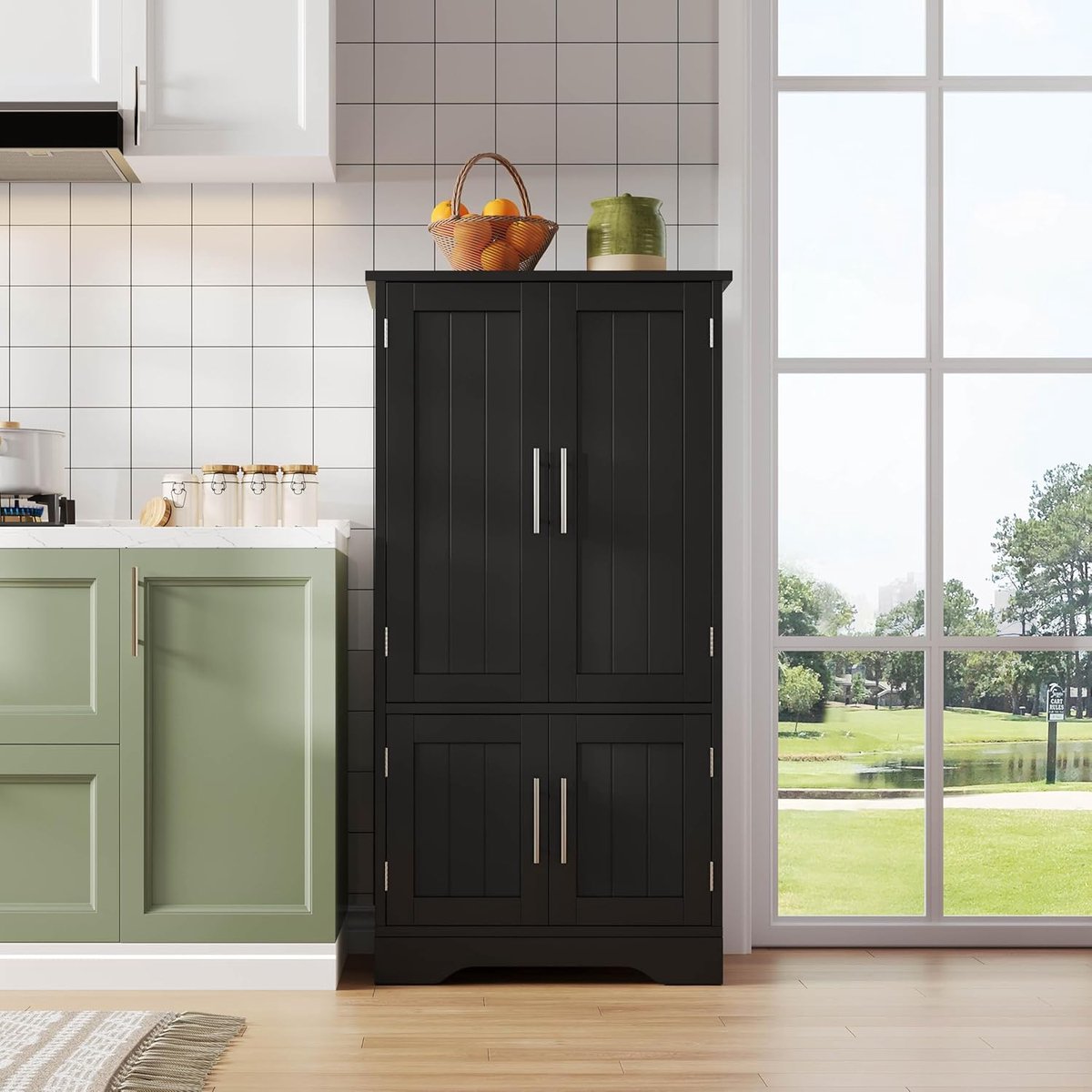 Keukenkast Zwart - Hoge Kast - Opbergen Keuken - Geïntegreerde Verlichting - 120 cm - Zwart