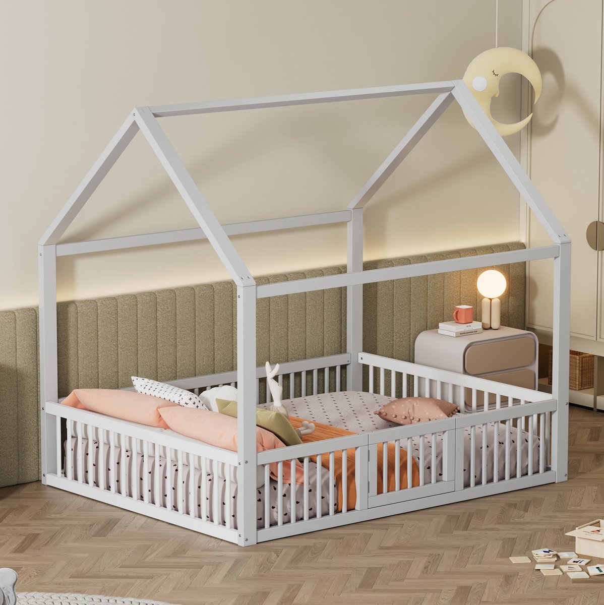 MEUNIQ Huisbed 140 x 200 cm met veiligheidshek en klein deurtje, grenenhout en MDF, wit, voor de kinderkamer