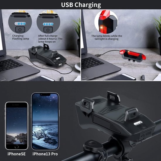 Fietsverlichting - Fietslamp - TENZHVXI® - Met telefoonhouder - 2000 mAh - 130 dB claxon - 3 verlichtingsstanden - Met achterremlicht - Waterdicht - USB-opladen - Zwart — afbeelding 3