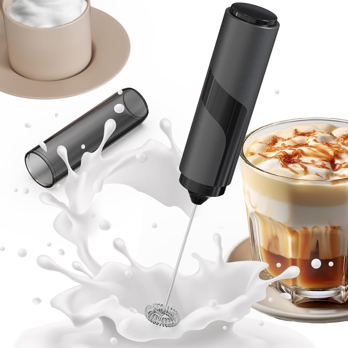 Elektrische Melkopschuimer - Handmixer Koffie - Dranken Bereiden - Hygiënische Beschermkap - 85 Gram - Zwart