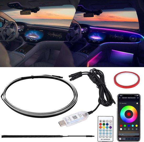 Led Sfeerlicht Strip - Auto Interieurverlichting - Auto Verfraaien - 16 Miljoen Kleuren - 110 cm + 35 cm - RGB