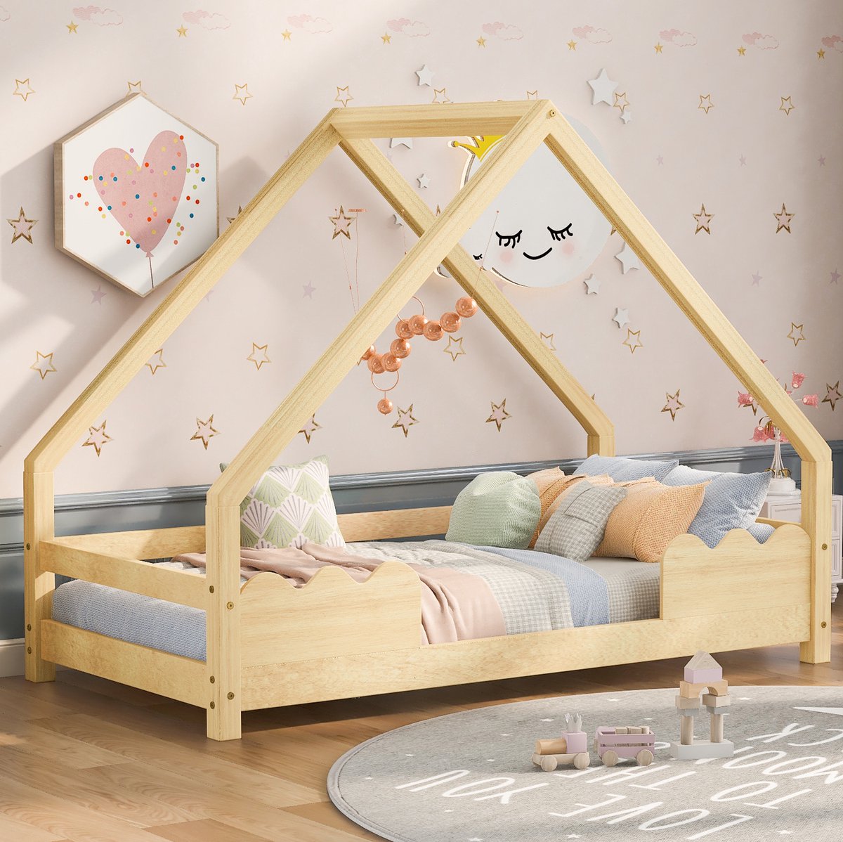 MEUNIQ Kinderbed huisbed 90x200 cm met uitvalbeveiliging en lattenbodem, grenenhouten bedframe voor kinderkamer, naturel, eenpersoonsbed
