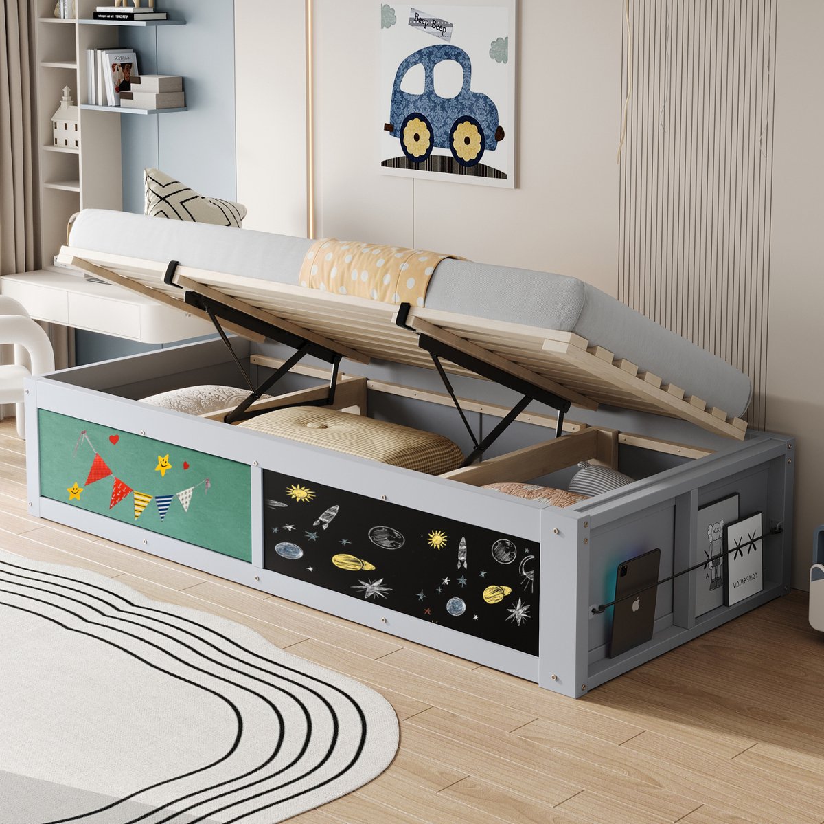 MEUNIQ Kinderbed 90x200 cm met hydraulische opbergruimte, krijtbord en vilten bord, zijvak voor boeken, links/rechts monteerbaar, lattenbodem, grijs