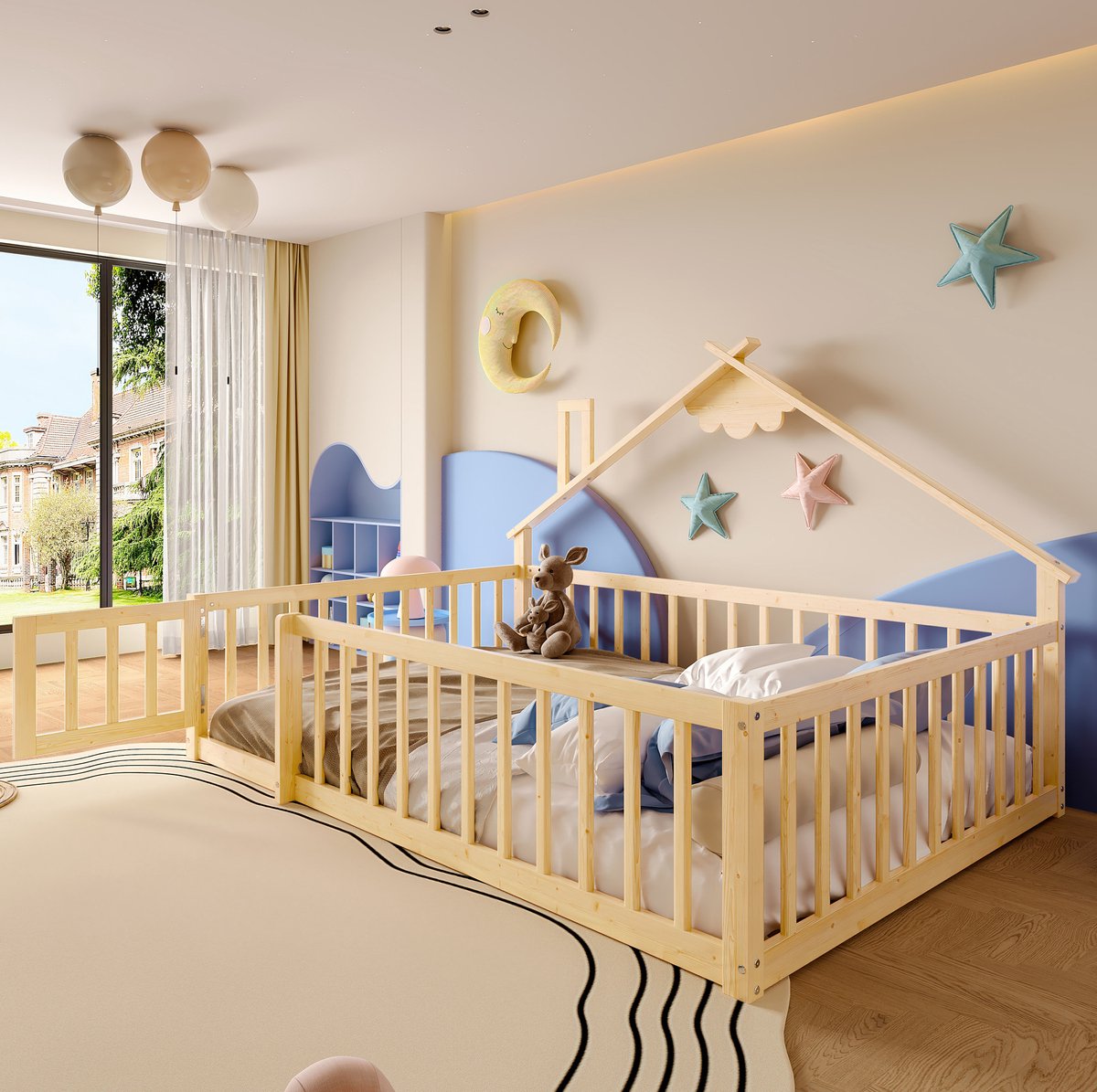 MEUNIQ kinderbed 140x190 cm huisbed met 32 cm veiligheidshek en sluiting, grenenhout en MDF, lattenbodem, naturel, voor de kinderkamer