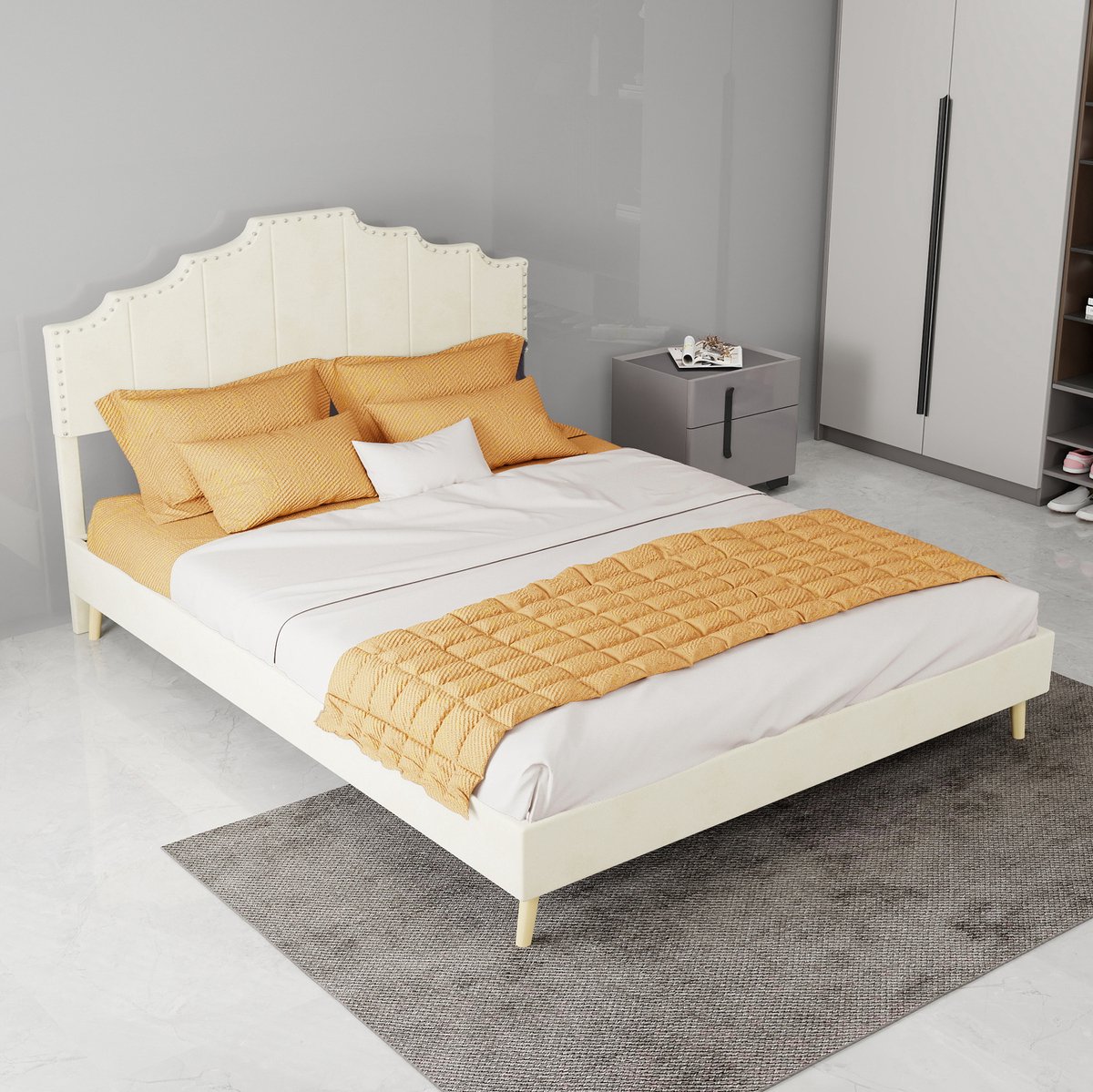 MEUNIQ Bedframe 140x200 cm met gestoffeerd hoofdbord, lattenbodem en lage bedombouw, tweepersoons bed voor slaapkamer, beige, exclusief matras
