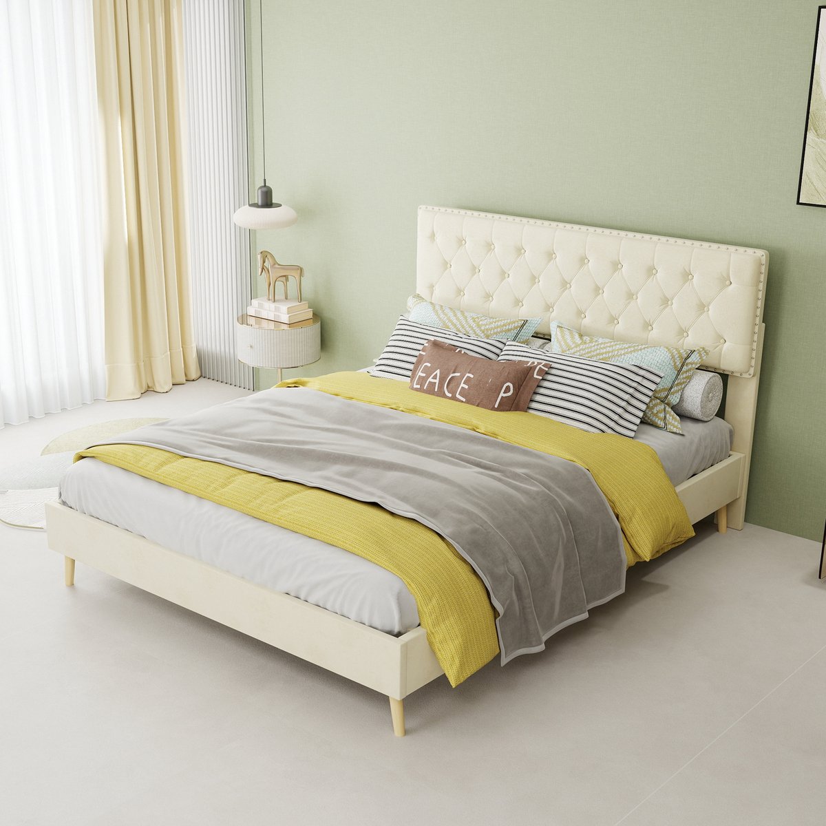 MEUNIQ tweepersoons bedframe 140x200 cm met gestoffeerd hoofdbord, lattenbodem en opbergruimte onder bed, voor slaapkamer, beige