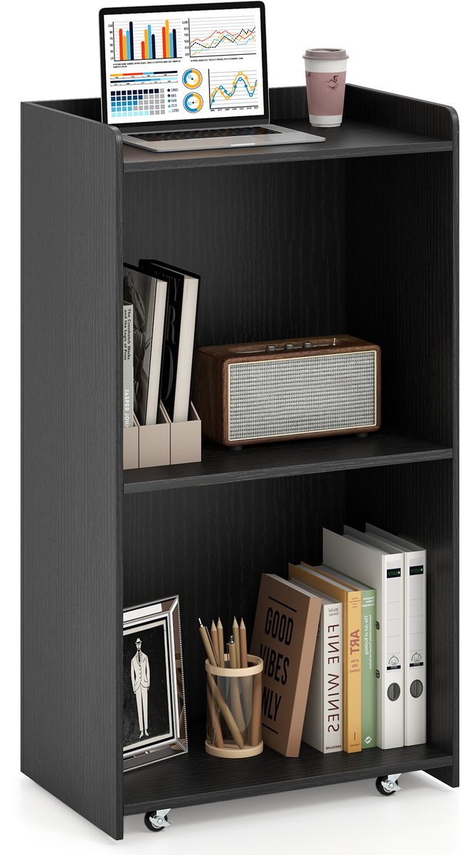 COSTWAY Sta-bureau met wielen, Lessenaar met 2 opbergvakken, Sta-tafel, Podiumstandaard voor klaslokaal, kerk, kantoor, seminar, 57,5 x 37 x 105 cm (Zwart)
