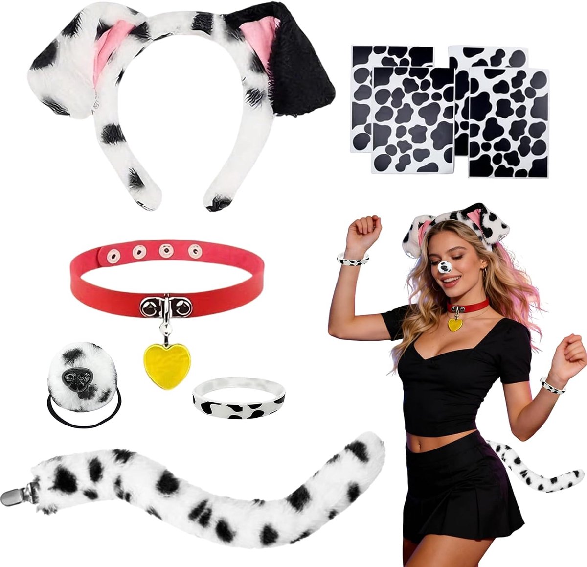 Dalmatiers kostuum set 6-delig - dieren kostuum voor kinderen - met oren, staart en neus - ideaal voor feestjes - SnelShoppen