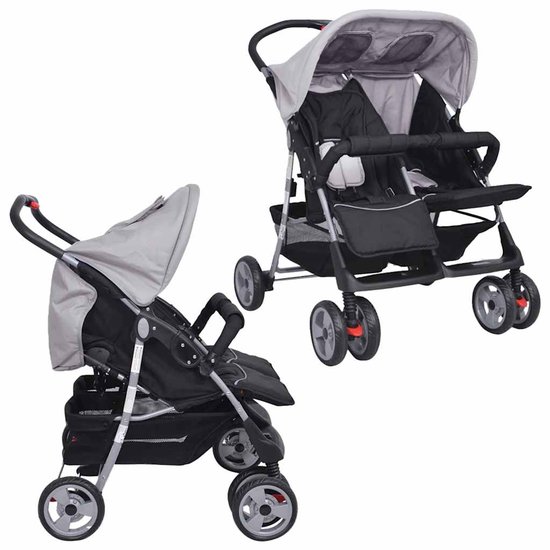 vidaXL - Tweelingwagen - staal - grijs - en - zwart van Vidaxl — afbeelding 4
