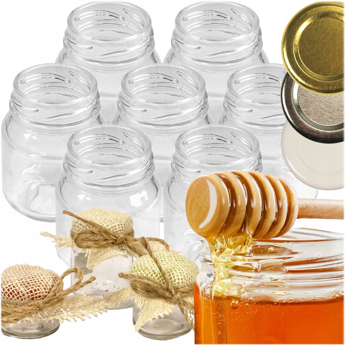 12x Glazen Potjes 40ml met Deksel, Jute & Stickers - Bedankjes