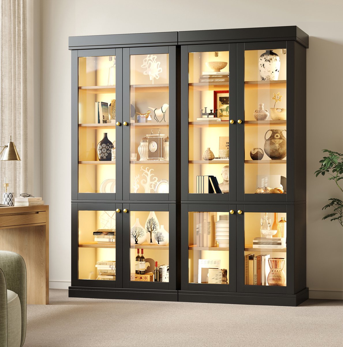 MODENUIT Kast - Vitrinekast Met LED En Glazen Deuren - Woonkamer En Slaapkamer - MDF - Zwart - 160x40x180 Cm