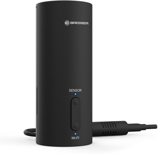 Zwarte Bresser gateway met "SENSOR" en "WI-FI" indicatielampjes en aangesloten kabel.