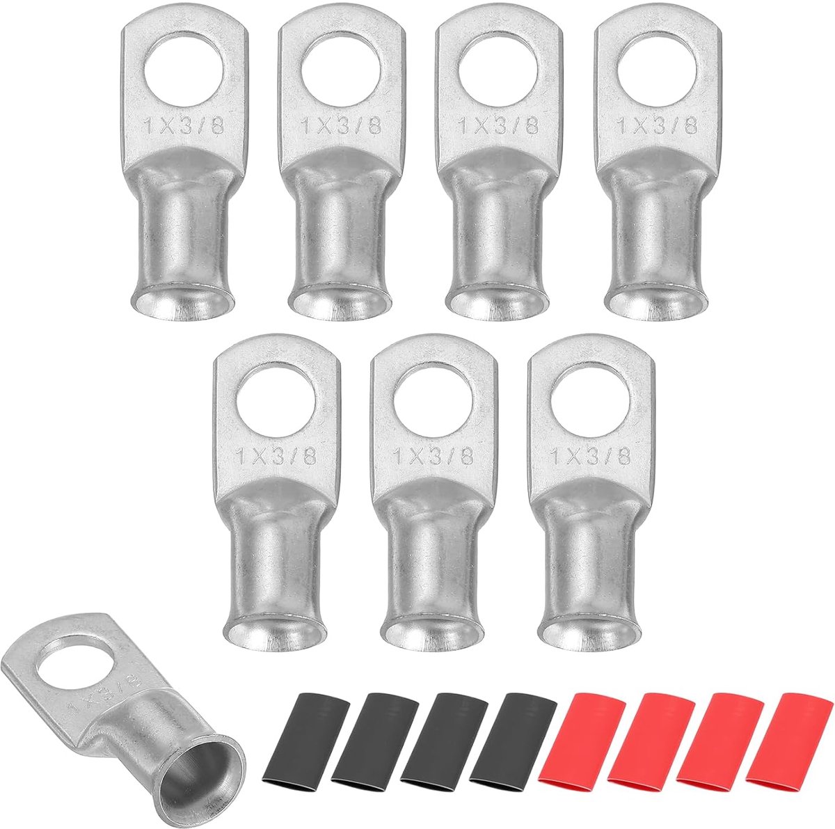 8 stuks ringkabelschoenen M10 AWG 1, krimpklemmen voor kabels van 0,9 cm (3/8 inch), 10 mm, koper, krimpkous 2:1, zilverkleurig