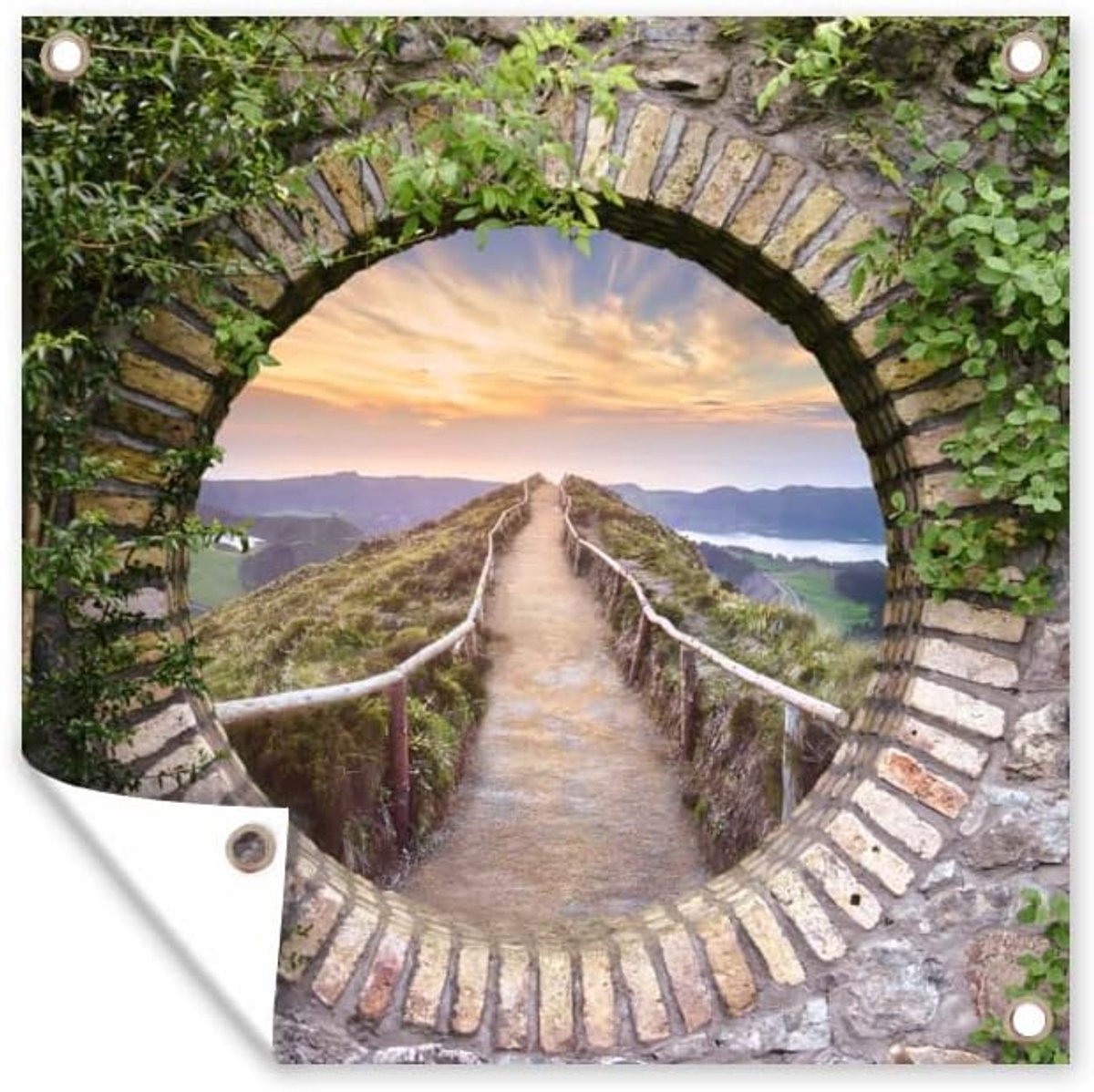 Tuinposter - 200x200 cm - Brug - Zee - Doorkijk - Zomer