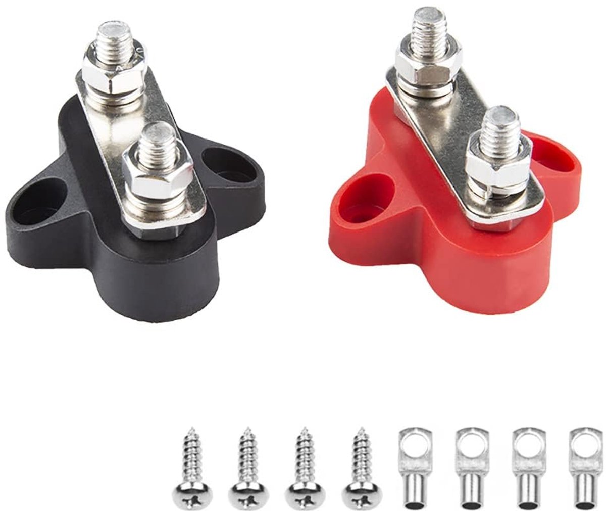 2 stks Bus Bar Terminal Block Power Stud Geïsoleerde Batterij Junction Post Terminal Block Set M8 Dual Studs w/Bus Bar, Max 48V DC 80 Amp voor Auto Marine Boot, Rood & Zwart Set