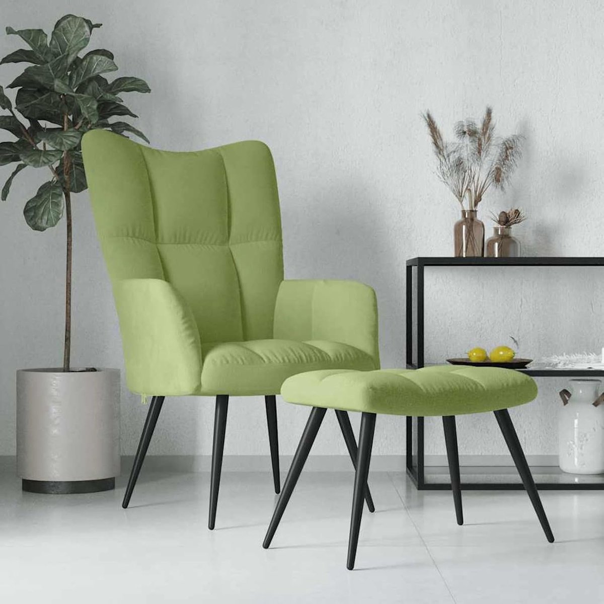 Relaxstoel met kruk, lichtgroen, fluweel, 61 x 70 x 96,5 cm + kruk 47 x 32 x 34 cm, pluizig, stabiel van stalen frame en schuimrubberen bekleding