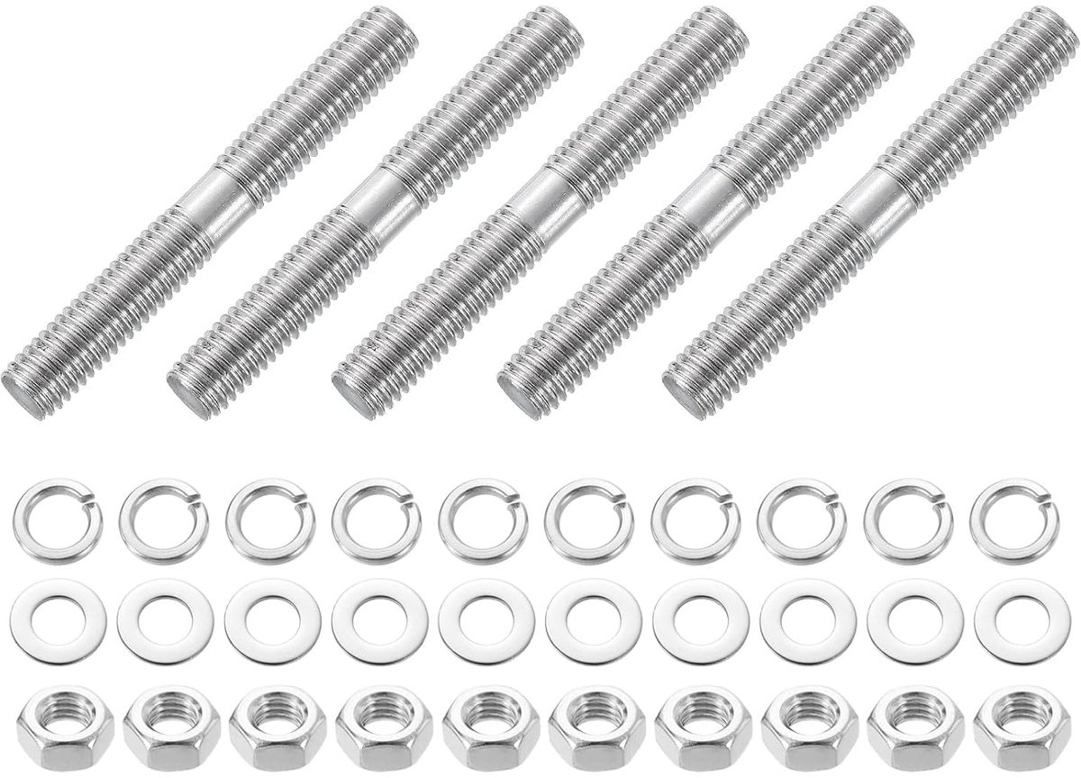 Dubbelzijdige schroefdraadstangen, M8 x 60 mm, 304 roestvrij staal, dubbele schroefdraadbouten met moeren en platte en borgringen, dubbelzijdig, voor huisonderhoud, 5 stuks